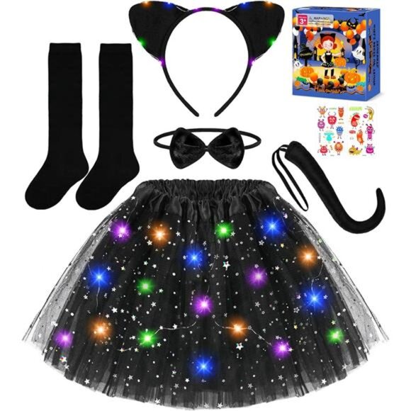 Black Cat Costume for Girls, Kids Halloween Costume with LED Light Up Tutu - Picture 1 of 7
